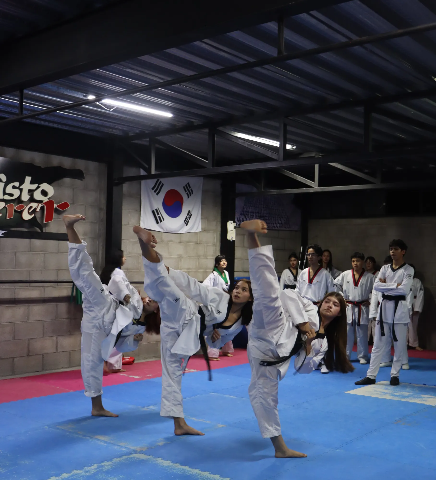 Alumnas de Misto Erer Taekwondo lanzando patadas altas en el dojang